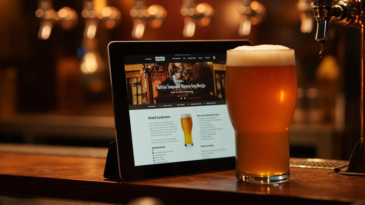 Symbolbild: ein Tablet zeigt eine warme Brauerei-Website mit Sortenliste und steht auf einem hölzernen Tresen