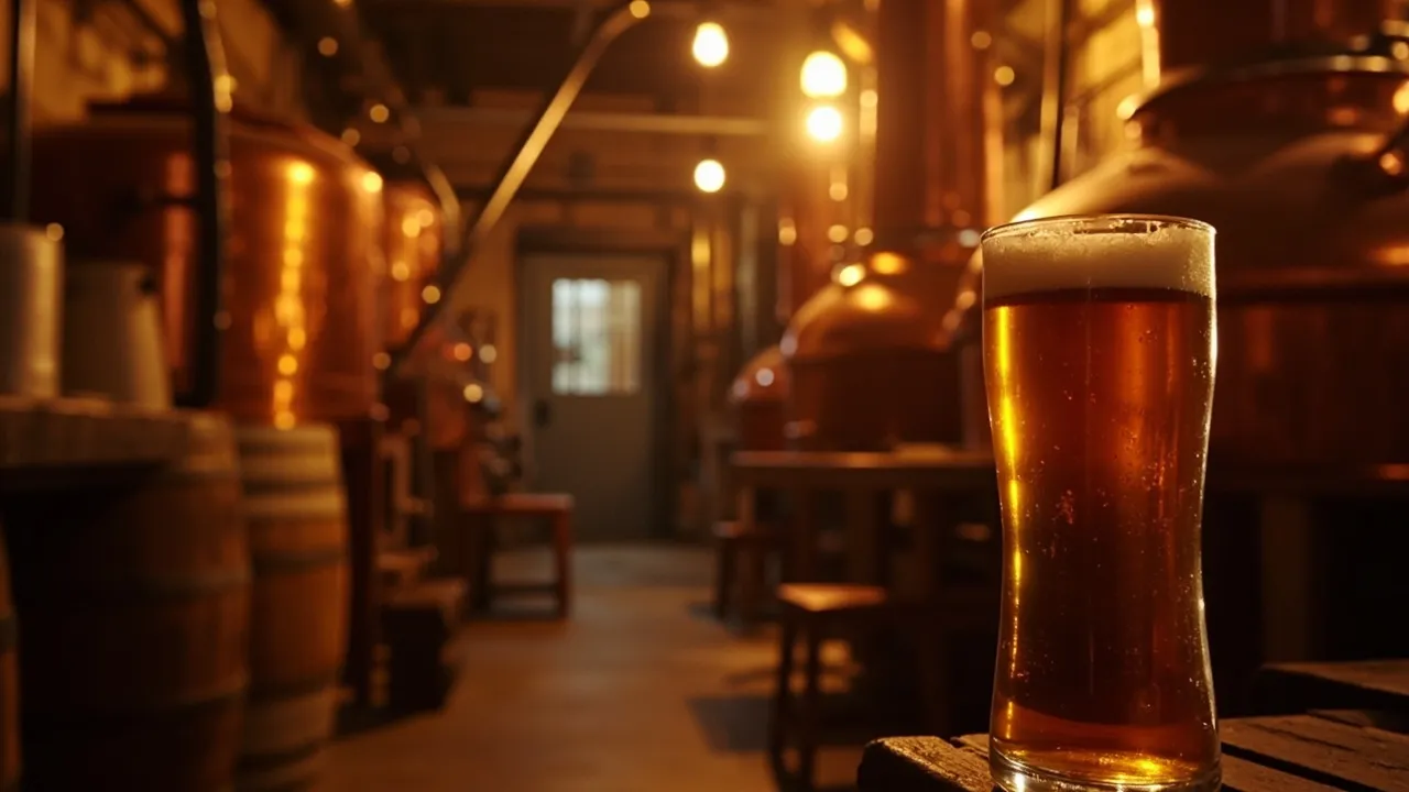 Brauerei-Keller mit Kupferkesseln und Eichenholzfässern, warmes Bernsteinlicht