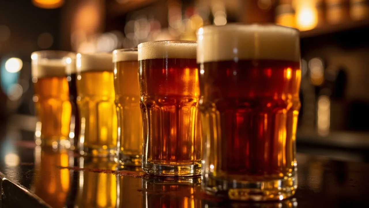 Symbolbild: eine Reihe unterschiedlicher Craft-Beer-Gläser in verschiedenen Bernstein- und Hellen Tönen auf einem dunklen Bartresen