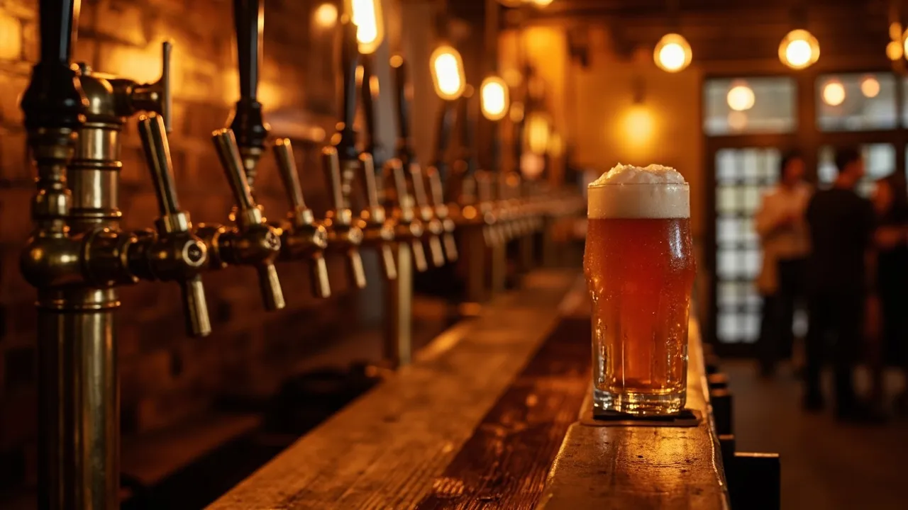 Gemütlicher Taproom mit langer Holztheke, Messing-Zapfanlagen und warmem Edison-Licht
